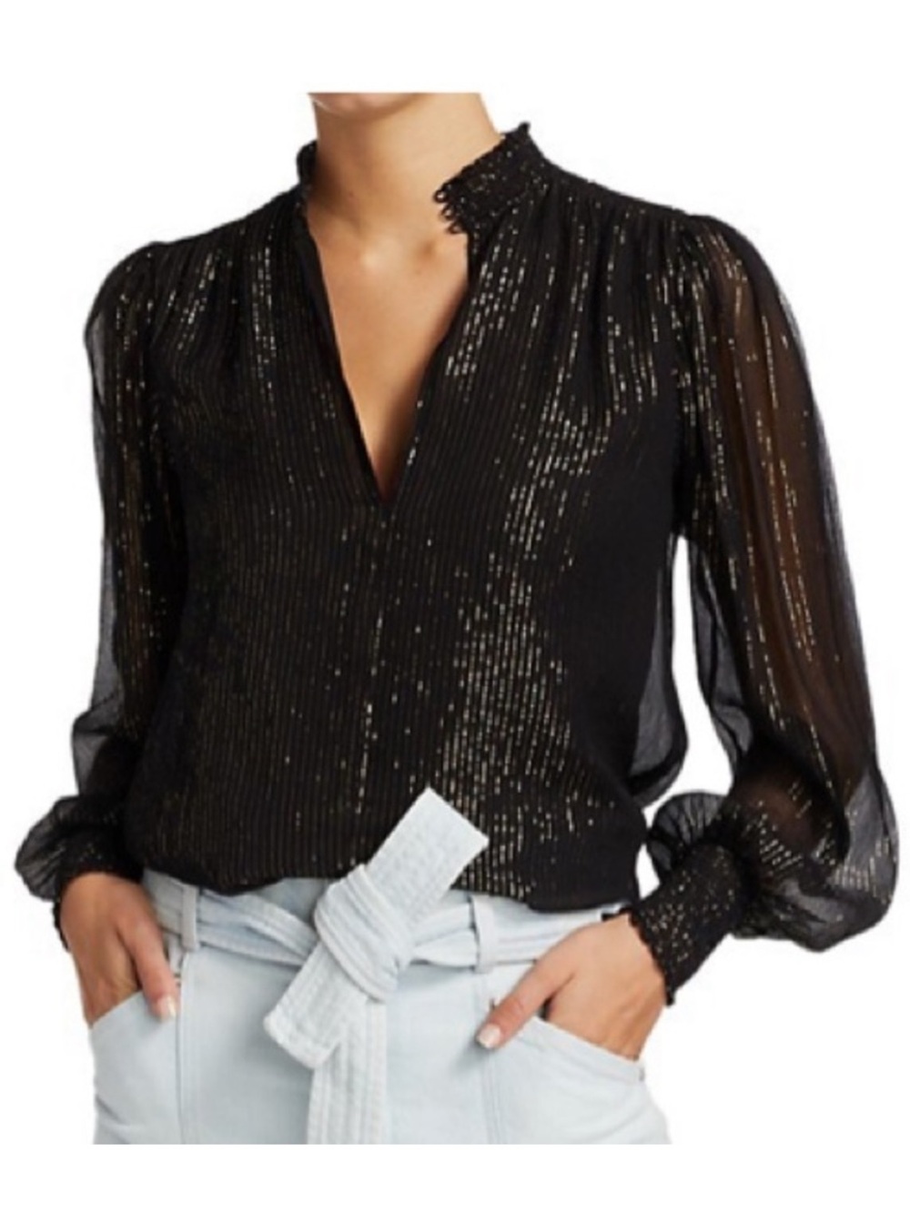 ALC Silvie Blouse Silk Blend Sheer Sheer Black Gold Metallic Stripe Sz 10